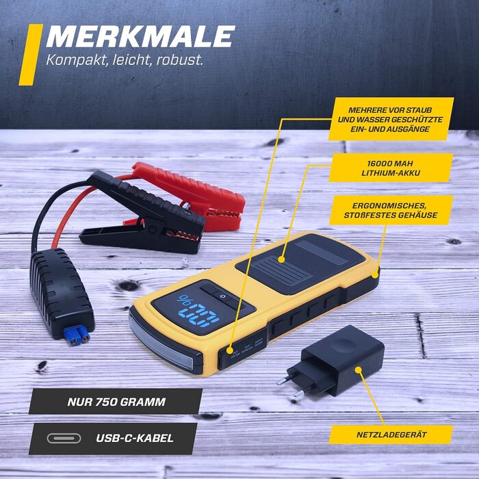 Бустер для авто MAXTOOLS JS500 2200A 22Ah — Пусковий пристрій (Jump Starter) для 12V дизельних та бензинових двигунів, Powerbank з LED-ліхтарем та USB