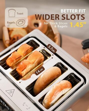 Тостер на 4 шматочки з сенсорним екраном та таймером – нержавіюча сталь, довгі слоти, 2 незалежні зони температури, підставка для бургерів та сендвічів, 6 програм, срібний колір