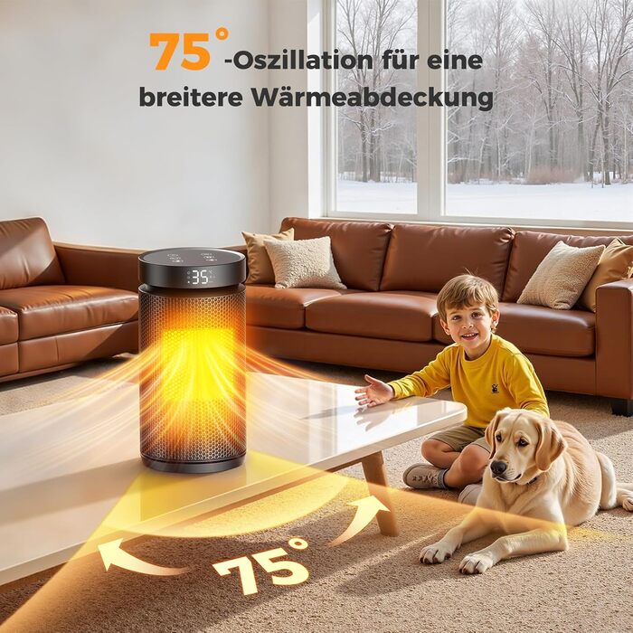 Керамічний обігрівач 1500W з термостатом, захистом від перегріву та нахилу, 75° осциляція, ECO-режим, 2-в-1 для дому (чорний, круглий)