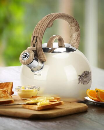 Чайник Teekessel 2.1 л з плитою, чайник з нержавіючої сталі з дерев'ястим декором, складаний ручка, для всіх типів плит (білий)