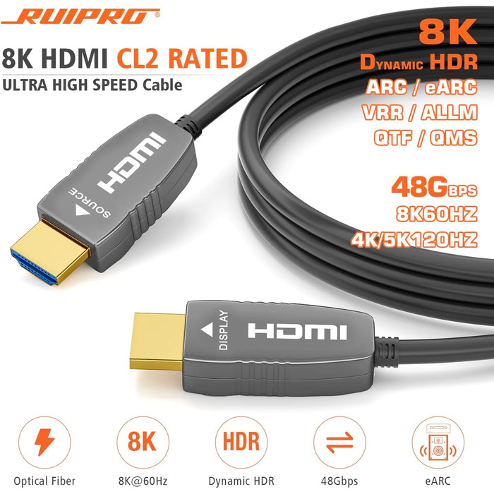 HDMI 2.1 оптоволоконний кабель 3 м, 48 Гбіт/с, 8K@60Hz, 4K@120Hz, Dynamic HDR, eARC, Dolby, HDCP 2.2/2.3, сумісний з PS5, Xbox Series X, RTX 4090, TV, Beamer, AVR, зелений