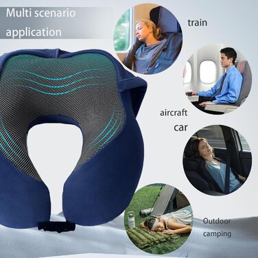 Подушка для шиї Memory Foam | Подушка для подорожей в літак з 95% захистом від світла, регульована, для офісу та сну на боці (Темно-синій)