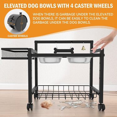 Підвищені годівниці для собак Angeloyang з колесами, з нержавіючої сталі, регульовані, 8 рівнів висоти, 16-36 см, для середніх та великих собак, з повільним дозатором корму та мисками з нержавіючої сталі, з можливістю зберігання та колесами