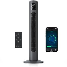 Вентилятор Tower Brandson ECO з DC мотором, WiFi, управління через додаток/Alexa, LED дисплей, пульт, коливання, сірий