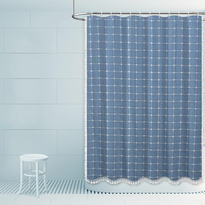 Штора для душу Sage Green - Льняна штора в стилі бохо для ванної кімнати, 72x78 дюймів (183x213 см), з китицями