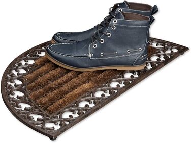 Relaxdays Foot Scraper Cast Iron with Brushes, H x W x D approx. 4 x 72 x 46 cm, Art Nouveau style foot scraper, shoe scraper suitable for country house style, made of robust metal with anti-slip feet, bronze (round)