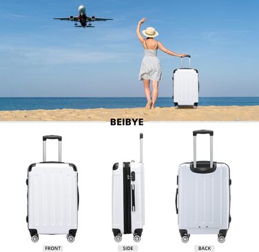 Набір валіз Beibye: 3 валізи з жорстким корпусом, роликові валізи для подорожей (білий)