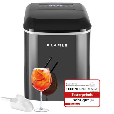 Машина для приготування льоду KLAMER - компактна модель з черпаком та 2 розмірами кубиків льоду. Виробляє 10 кубиків за 7 хвилин, до 15 кг льоду на день. Тиха, з таймером (чорний). Класика (2.1L)