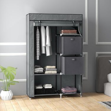 HOMCOM Wardrobe, Fabric Closet with Drawers, Clothes Rail and Zipper, Fabric Clothes Storage Rack Folding Closet for Bedroom, Dressing Room, 102 x 42.5 x 162.5 cm, Dark Grey