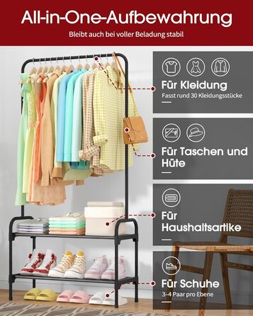 Стійка для одягу з полицею для взуття, чорна, 74 x 30 x 150 см