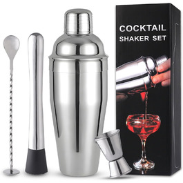 Stainless Steel Cocktail Mix Set - 14 Piece Bartender Kit with Bamboo Stand - 750ml Shaker Set - Perfect Gift