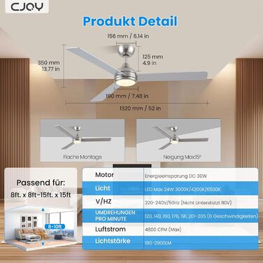 Стеляний вентилятор CJOY з підсвічуванням, 107 см, з пультом керування, тихий, DC, реверсивний, пам'ять 3CCT, диммування, 6 швидкостей, таймер для спальні (132 см - срібний)