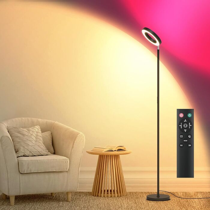 LED торшер, 42W, 16 мільйонів кольорів RGBCW, WiFi, розумний, двосторонній, для вітальні, сумісний з Alexa/Google Home, синхронізація з музикою, плавне регулювання яскравості, торшер для читання в спальню (RGB-RC)