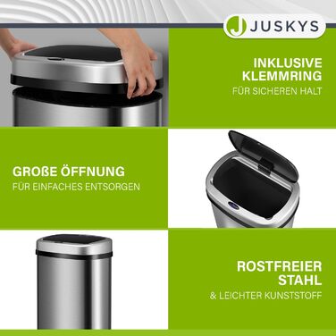 Сміттєвий бак кухонний Juskys з датчиком руху, 70 л, сріблястий - нержавіюча сталь, кутовий, з фіксатором для пакетів