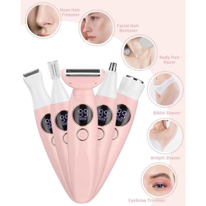 Електричний жіночий тример 5-в-1 для тіла, бікіні, брів та носа, з USB-станцією, білий (рожевий)