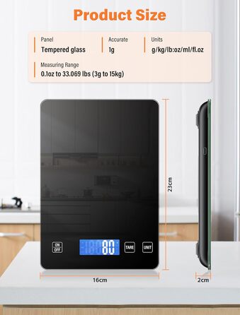 Кухонні ваги QEANY 15 кг з LCD дисплеєм, перезаряджувані, з функцією тарування, 5 одиниць вимірювання, батареї в комплекті