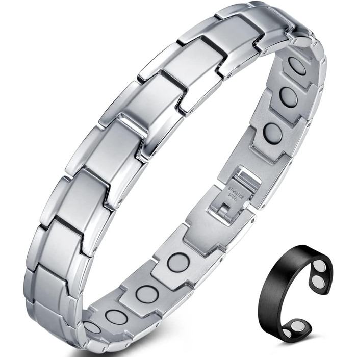 Браслет магнітний чоловічий Vicmag з титанової сталі, подвійний ряд магнітів, регулювальний інструмент, подарункова коробка (однорядний, срібний)