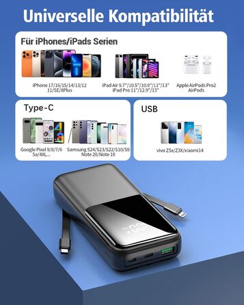 Power Bank 26800mAh, 22,5W з 3 портами USB та 2 вбудованими кабелями, чорний. Сумісний з iPhone та Android