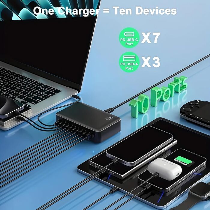 Зарядний пристрій USB-C 620W, 10 портів: Швидка зарядка PD PPS 100W, USB-C для MacBook Pro/Air, iPad, iPhone 16/15/14/13/12 Pro Max, Samsung