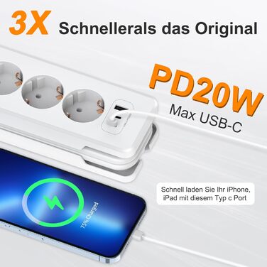 Мережевий адаптер з 2 USB-C (PD 20W) та 1 USB-A, 3 розетки з вимикачем, захист від перенапруги, компактний, для подорожей, 1,5м кабель. Мережева планка з 3 USB-портами