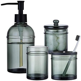 4-piece glass bathroom accessory set with decorative pressed pattern, including soap dispenser, tumbler, soap dish, and toothbrush holder, Blue-Green (Gray)
