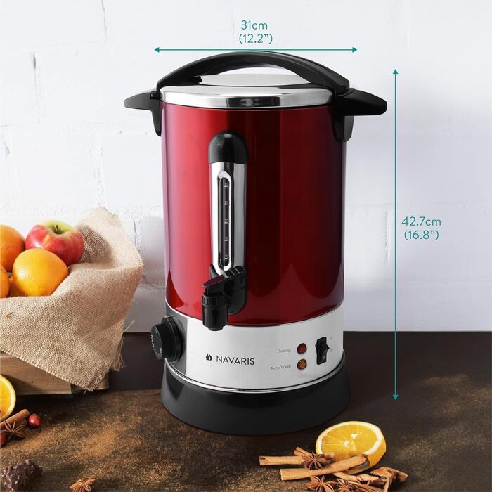Navaris Mulled Wine Warmer Hot Water Dispenser - Stainless Steel - 6.8L - with Thermostat, Fill Level Indicator, and Tap - Mulled Wine Hot Beverage Machine Red