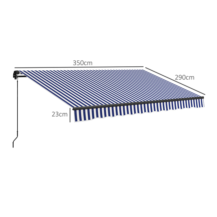 Markiza Outsunny з шарнірною рукояткою, розміром 350 x 300 см, сонцезахисна з SPF 30+, терасна/балкона маркіза з кутом нахилу 45-85°, водонепроникне покриття, кріплення до стіни, блакитно-біла | Aosom