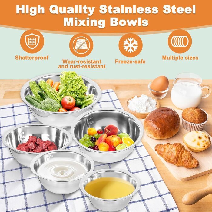 Набір з 5 чаш для перемішування з нержавіючої сталі з мірними позначками, ергономічний дизайн, стійкі до морозу, безпечні для миття в посудомийній машині. Металеві чаші для випічки, приготування їжі, салатів та зберігання продуктів.