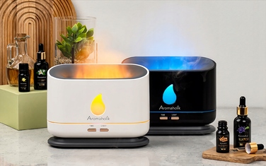 Ультразвуковий зволожувач повітря Aromaholik з ефектом вогню, без BPA, з таймером, LED-підсвіткою та USB-портом