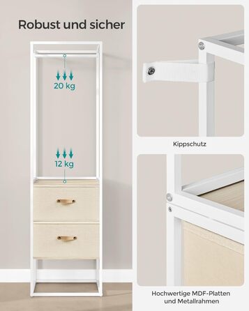 SONGMICS Clothes Rack, Open Wardrobe, High-Load-Capacity Coat Rack, 1 Extendable Rod, 2 Drawers, 4 Shelves, for Bedroom, Space-Saving, Natural Beige RGR003W67