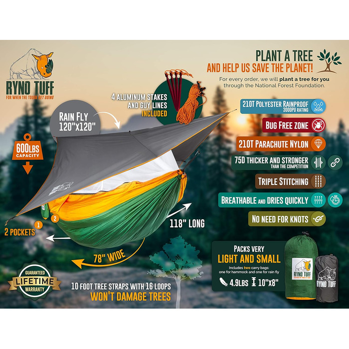 Гамак для кемпінгу з москітною сіткою та тентом - двомісний гамак з сіткою від комах та наметом, посилений, легкий, з кишенею, надійні ремені для дерев та карабіни, "Fliegen- und Moskitonetz"