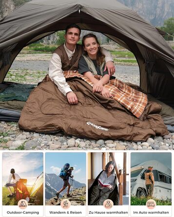 Спальний мішок KingCamp для 2 осіб з фланелі, зимовий, теплий, 3-4 сезони, з 2 подушками, для кемпінгу, подорожей та активного відпочинку на природі