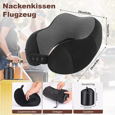 Подушка для шиї в літак та авто з ефектом пам'яті (Memory Foam), набір для подорожей зі маскою для сну, берушами та сумкою, чорна