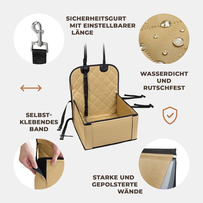 Extra Stable Dog Car Seat - High-Quality Car Seat for Small to Medium Dogs - Reinforced Walls and 3 Straps - Waterproof Dog Car Seat for Back and Front Seats (Beige)