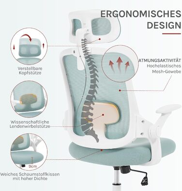 Крісло офісне WOLTU ергономічне з регульованою підголовником та підтримкою попереку, функцією гойдання, для офісу, витримує 150 кг (Блакитне)