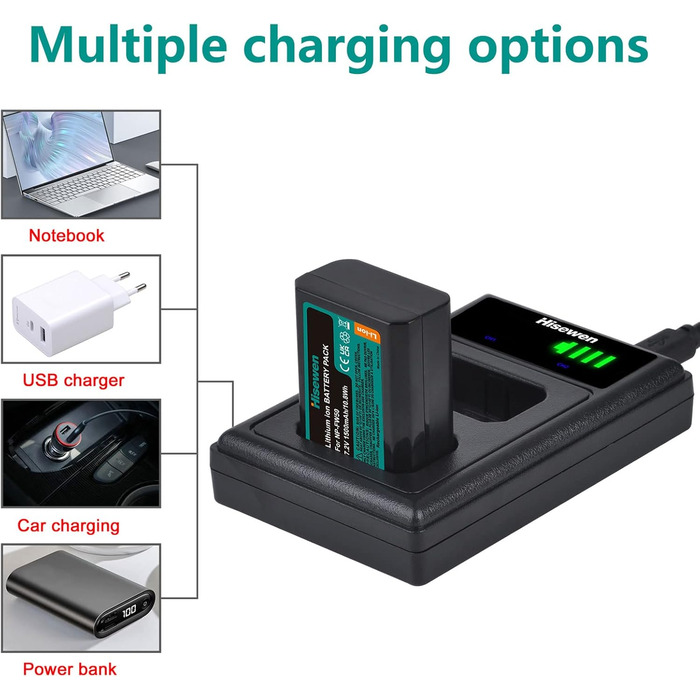 Зарядний пристрій для акумулятора NP-FW50 Hisewen Dual - сумісний з Sony ZV-E10, A6000, A6100, A6300, A6400, A6500, A7, A7 II, A7S, A7S II, A7R, A7R II, NEX-7, NEX-6