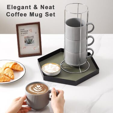 Набір кавових чашок Hasense Porcealin, 4 шт. з підставкою, 425 мл, великі керамічні чашки з рельєфною поверхнею для капучино, чаю, гарячого шоколаду, напоїв, придатні для миття в посудомийній машині (сірий, 425 мл)