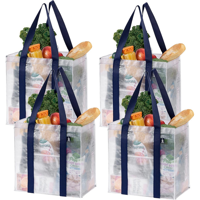 VENO 34 Liter Large Shopping Bag Foldable with Sturdy Bottom and Front Pocket, Reusable Shopping Bags Water-Resistant Tote Bag Shopping Basket for Shopping, Picnic (Transparent, 4-Pack)