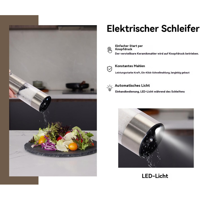 Електричні мельниці для солі та перцю 2 шт. з USB-зарядкою, 6-ступеневим жорном, LED-підсвічуванням та захистом від пилу. Перезаряджувані кухонні помічники