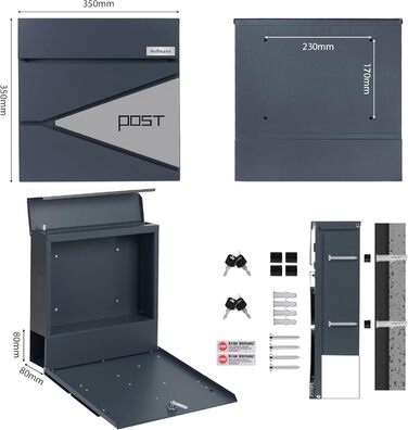 Поштовий ящик Zedelmaier XXL з нержавіючої сталі, індивідуальне гравіювання, 35x35 см, 4 ключі, для листів B5/C4, RAL 7016 Антрацит