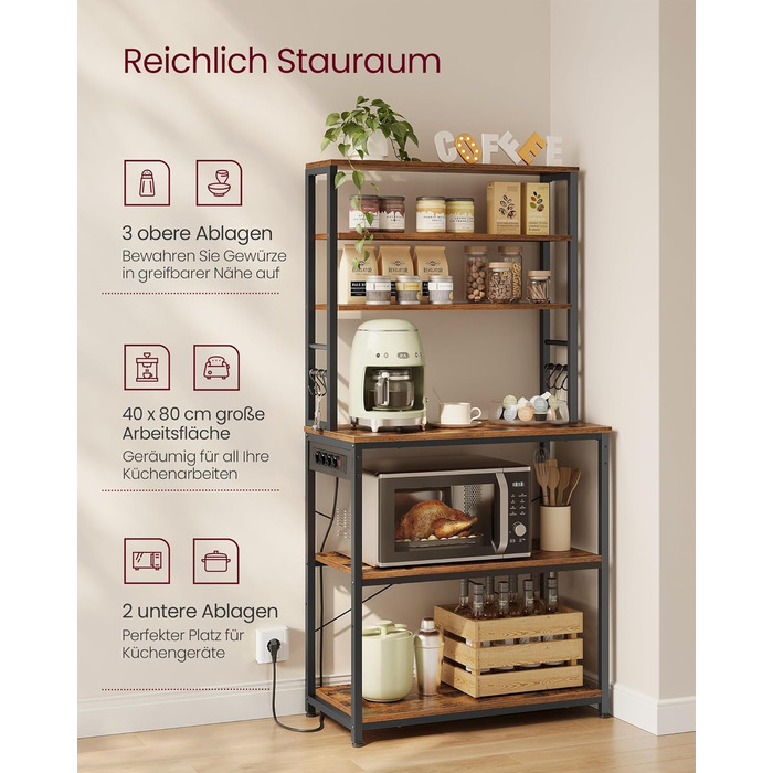 Стелаж кухонний VASAGLE з розетками, 6 полиць, гачки, сталевий каркас, 40x60x167 см, колір горіх + білий