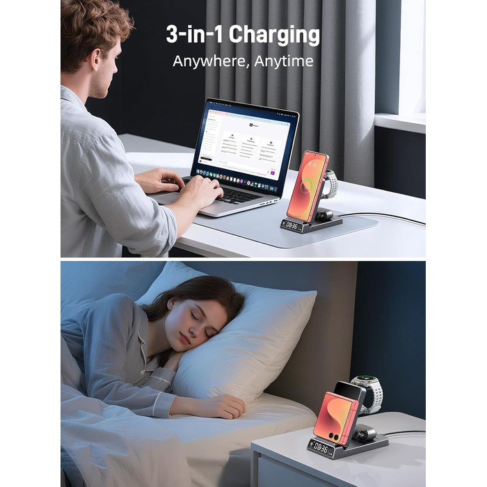 Бездротовий зарядний пристрій 3-в-1 для Samsung Galaxy S26/S25/Z Fold 7/Flip 7/Buds 3/2, Watch 8/7/6/5 Pro - сірий