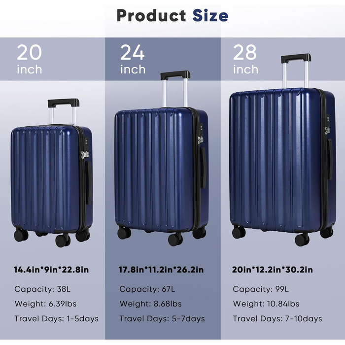 Набір валіз SHOWKOO 2 шт. з жорстким корпусом 65см+75см, розширюваний, ультралегкий, полікарбонат, з TSA замком та 4 колесами (L+XL) - Темно-синій