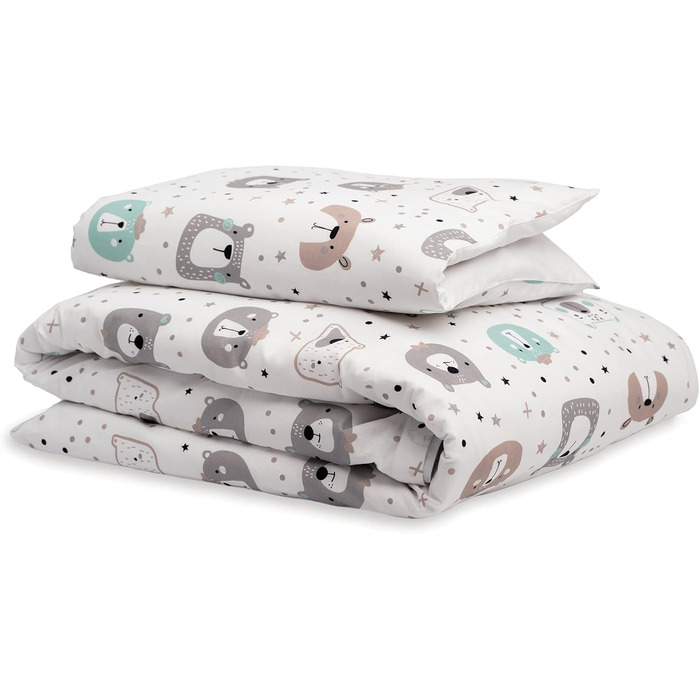Комплект постільної білизни для немовлят FlyIdeas 100x135 см, 100% бавовна, з ковдрою та наволочкою, для ліжечка, колиски, Made in EU, ведмедики