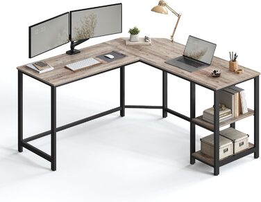 VASAGLE Desk, L-Shaped Computer Desk, 138 x 138 x 76 cm, Corner Desk with 2 Shelves, Space-Saving Office Desk, Gaming, Home Office, Easy Assembly, Greige-Black LWD72MB Greige + Black
