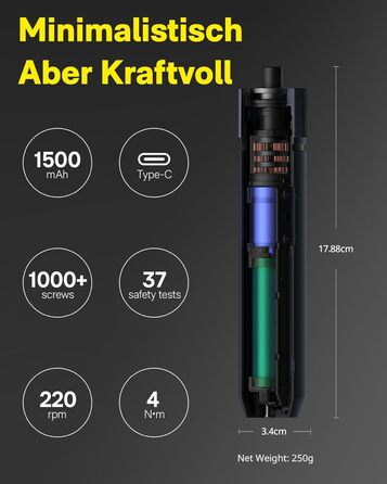 Електрична викрутка HOTO з набором біт (12 шт), 3.6V, LED-підсвічування, 3 положення моменту (до 4 N.m), 220 об/хв, акумулятор 1500 mAh, для ремонту меблів та комп'ютерів