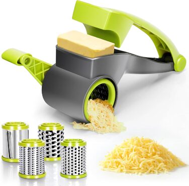 Ручна тертка для овочів 3-в-1 з нержавіючої сталі, Mandoline, терка для сиру з ручкою та 3 змінні леза, для салату, горіхів, фруктів, піци, зелені (терка для сиру сірого кольору)