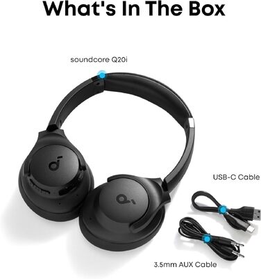 Бездротові Bluetooth-навушники Soundcore by Anker Q20i з гібридним активним шумозаглушенням (ANC), Hi-Res Audio, 40 годин роботи, керування через додаток, чорні (Відновлені)