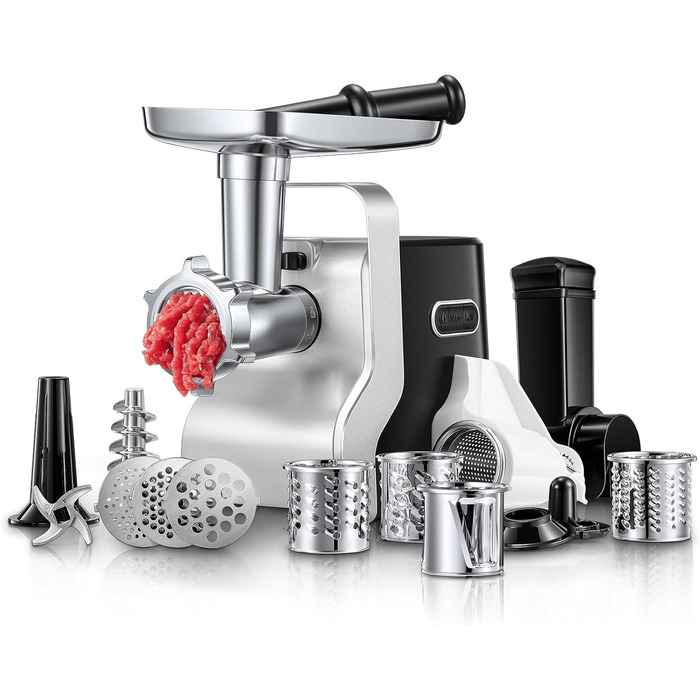 Electric Meat Grinder 5-in-1 - 700W Power, 2800W Max Blocking Capacity, Stainless Steel Grinding Plates (3, 5, 7mm), Sausage Maker, Kubbe Attachment, Black
