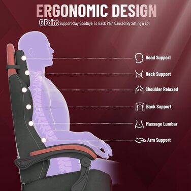 Геймерське крісло Ferghana Ergonomic: з підтримкою попереку, голови та підніжкою, регульоване, обертається, тканина льон (чорно-червоне)